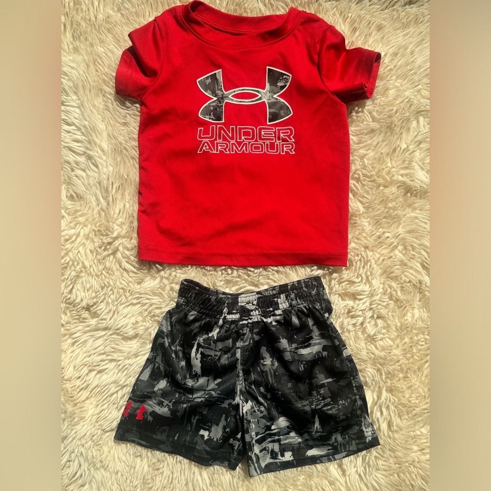 Under Armour Red Tee and Black Patterned Shorts